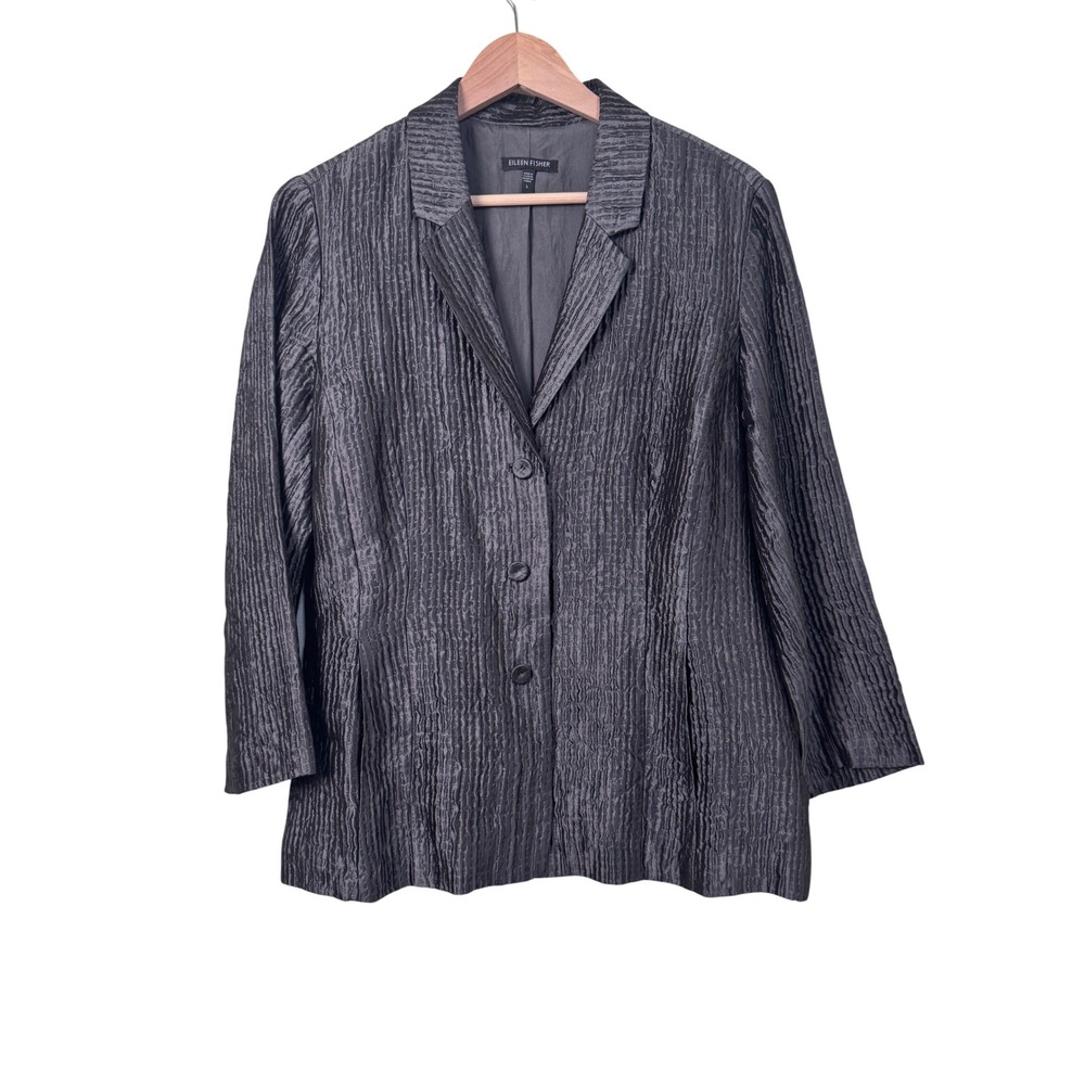 Eileen Fisher Crinkle Textured Blazer Silk Blend Button Front Jacket Gray L